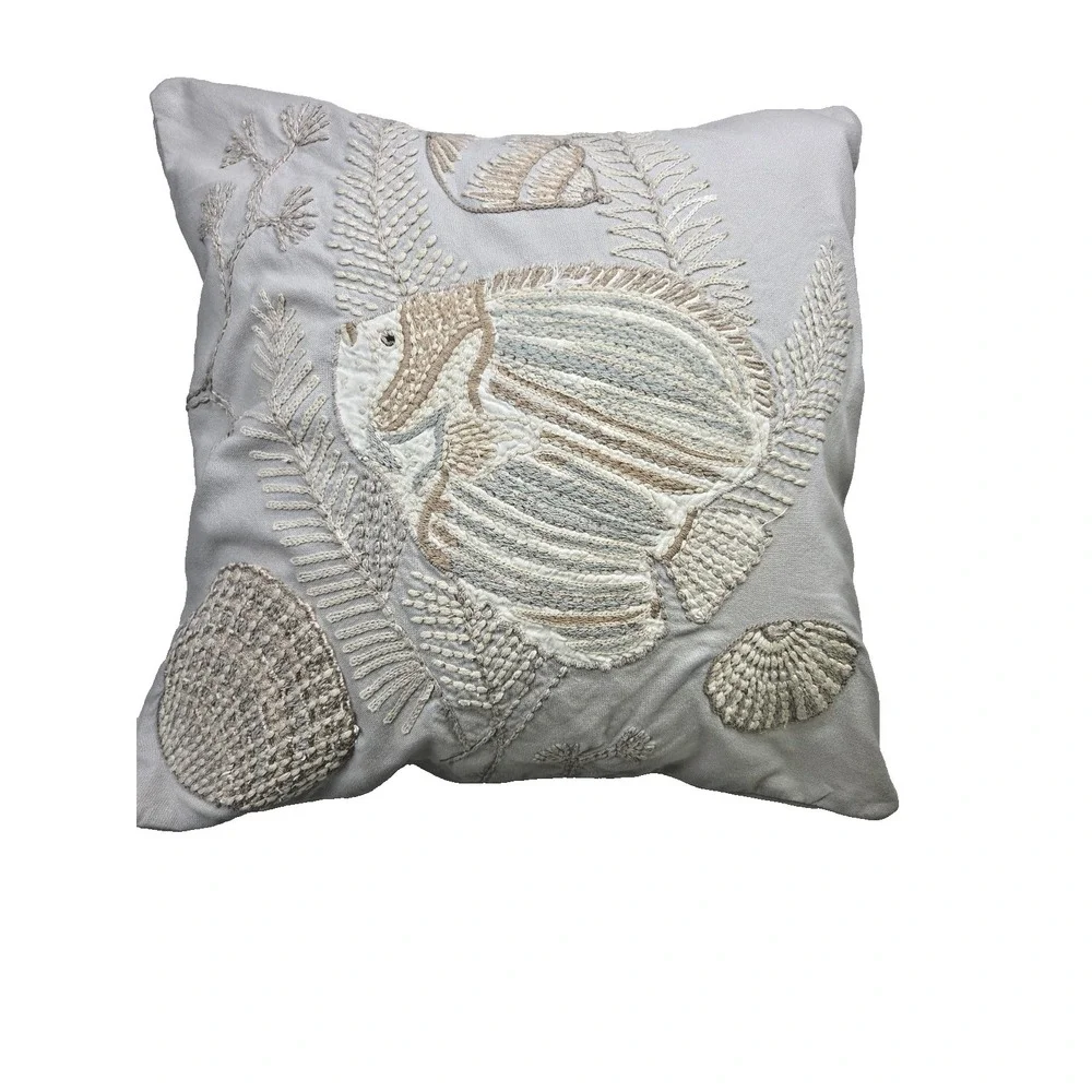 Pottery Barn Throw Pillow Embroidered Fish Shells 2012 18x18